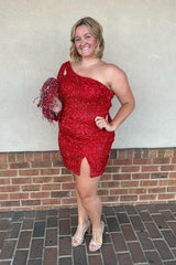 Sparkly Black Sequins One Shoulder One Sleeve Keyhole Tight Short Homecoming Dress/Mini Dress