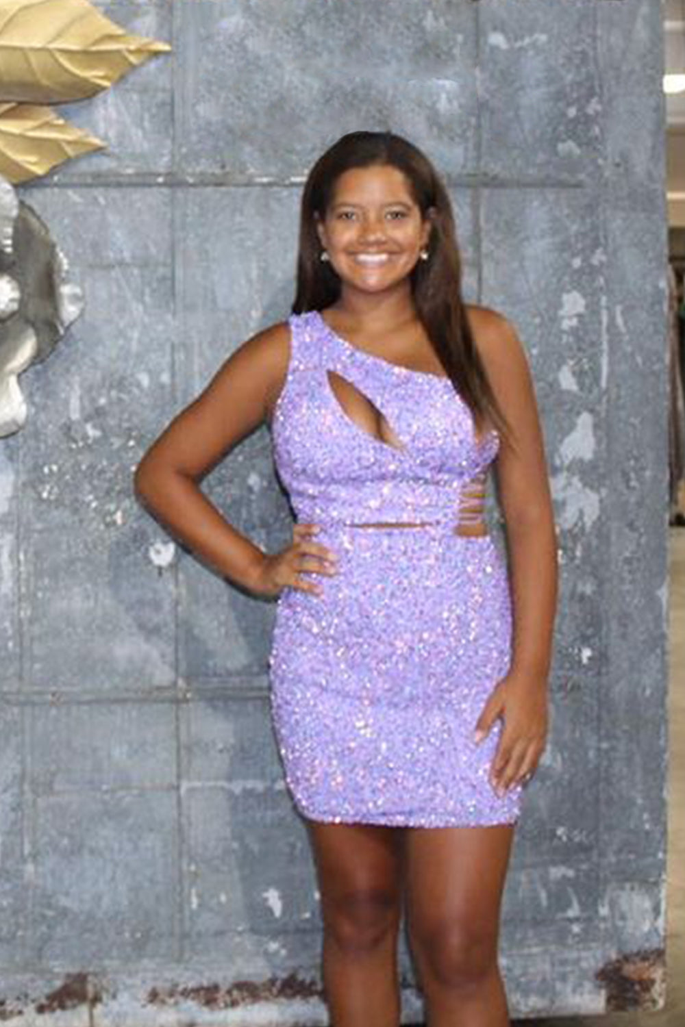 Sparkly Purple One Shoulder Cut Out Sequins Tight Short Homecoming Dress/Mini Dress