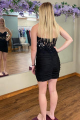 Sparkly Black Corset Sequins Tight Short Homecoming Dress/Mini Dress with Lace