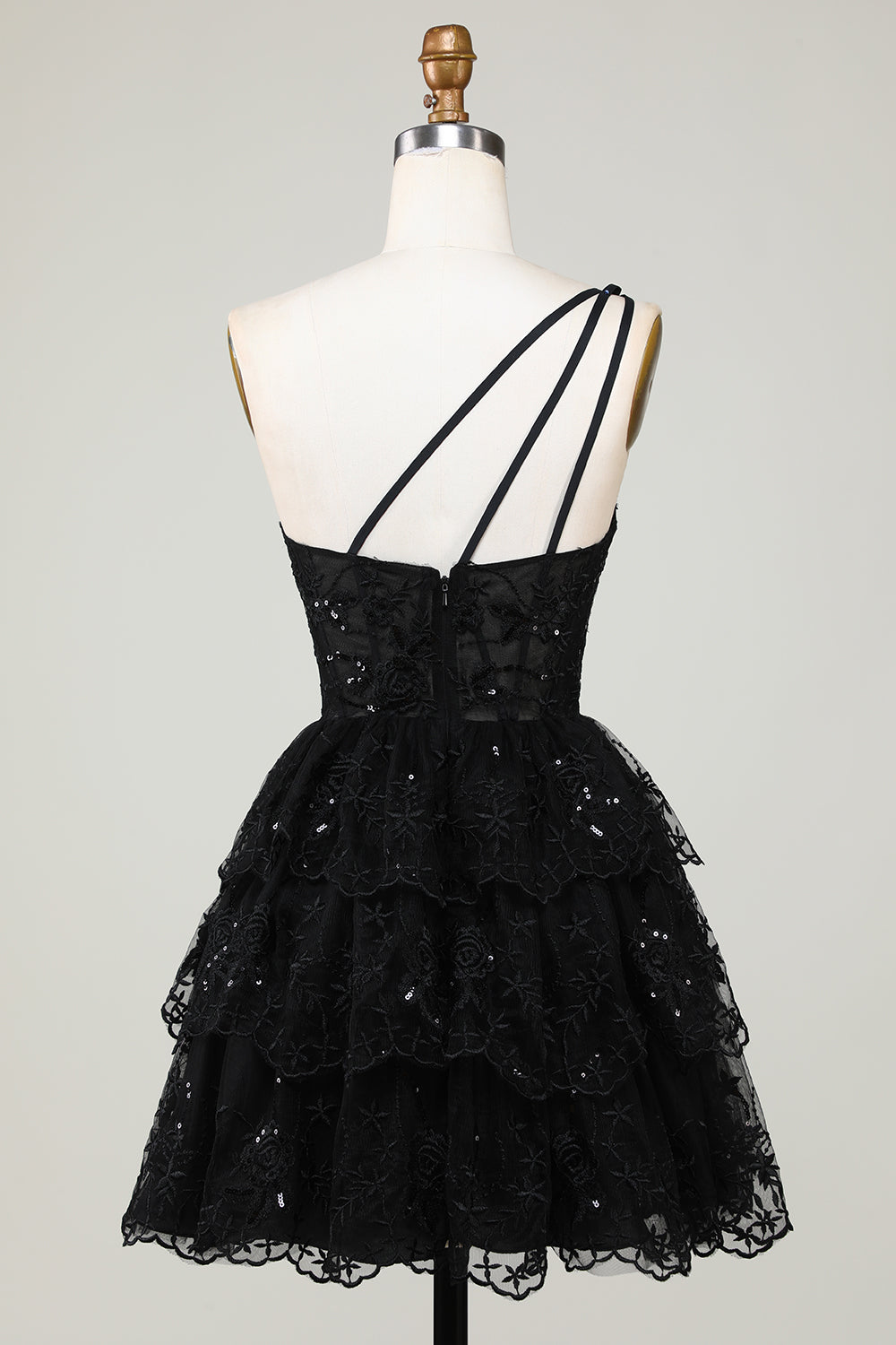 Sparkly Black Tiered Lace One Shoulder Short Homecoming Dress/Mini Dress