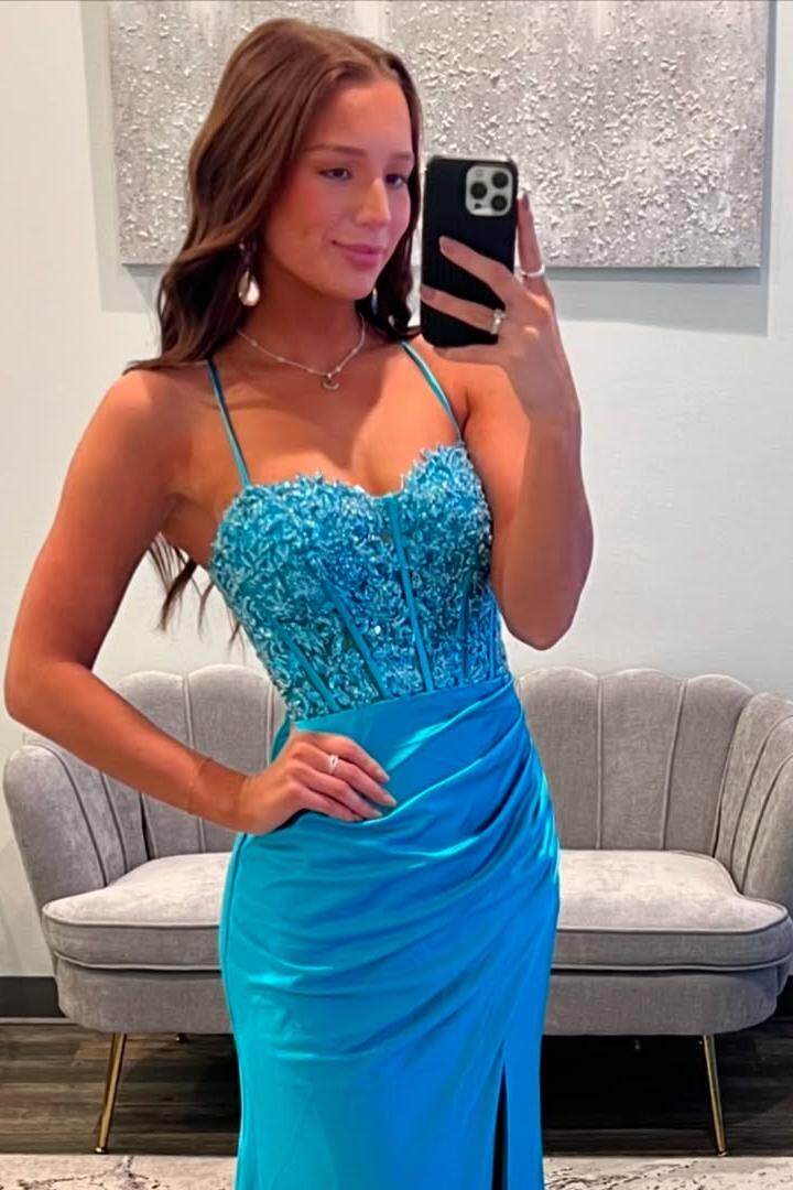 Spaghetti Strap Sleeveless Long Mermaid Formal Dress With Appliques