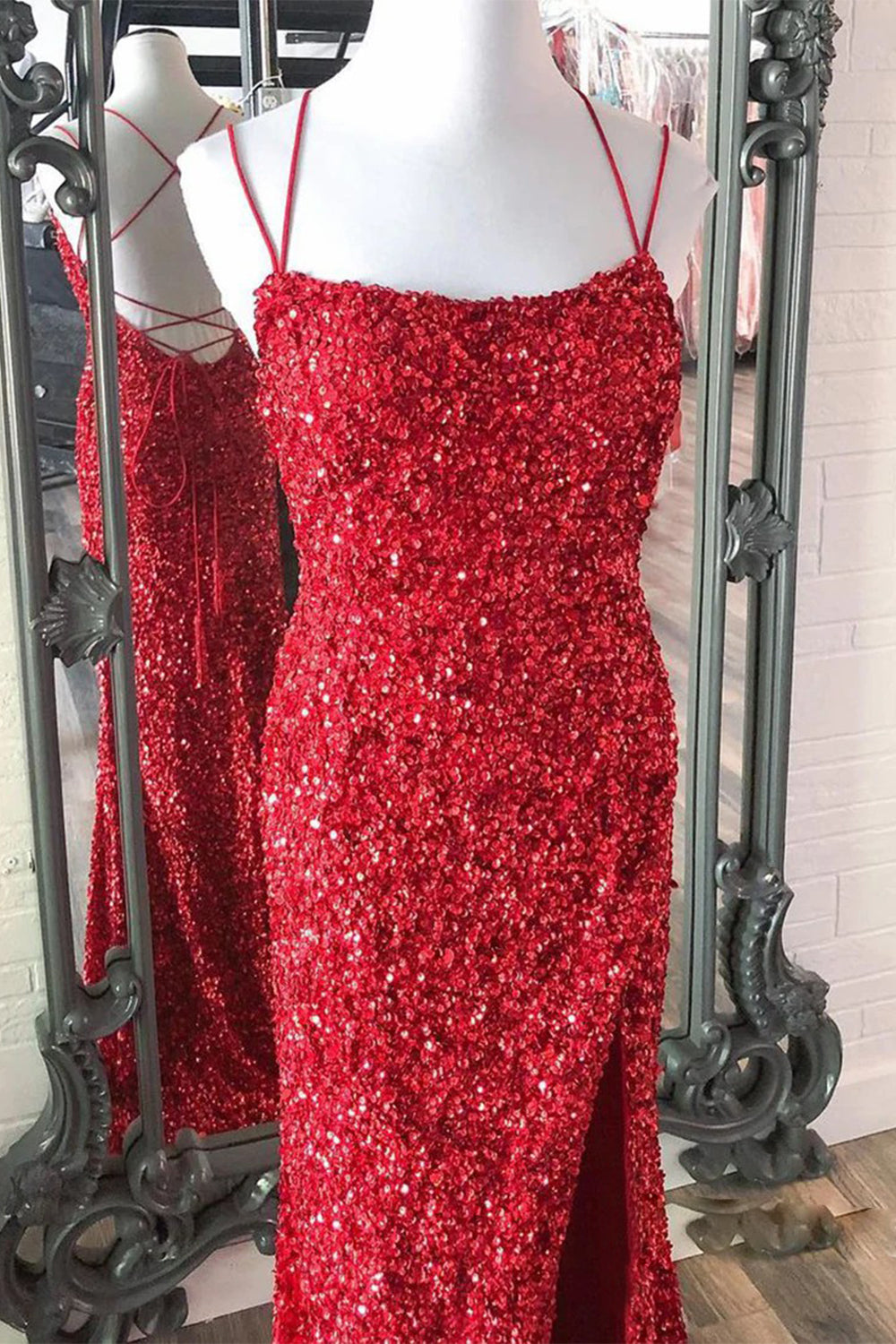 Long Red Mermaid Prom Dress Featuring Sequins and a Slit