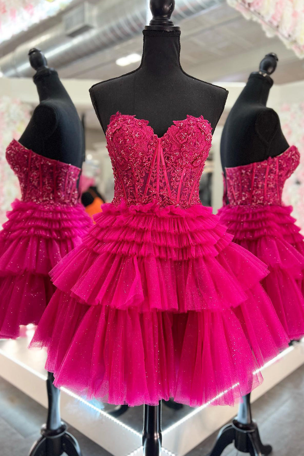 Sparkly Pink Corset Tiered Short A-Line Tulle Homecoming Dress/Mini Dress with Lace