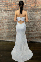 Burgundy Sequined Long Prom Dress with Deep V Neck and Silt in Mermaid Style