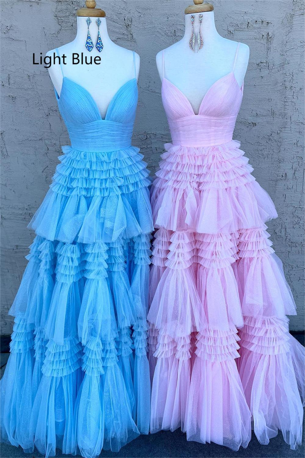 Long Prom Dress with Red Tulle and Spaghetti Straps