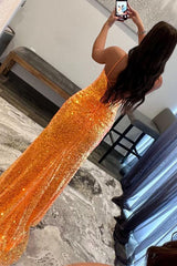 Long Orange Sequins Prom Dress with Spaghetti Straps and Front Split Sheath