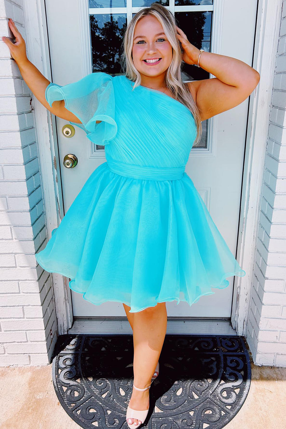 Purple A-Line One Shoulder Organza Homecoming Dress/Mini Dress with Ruffle