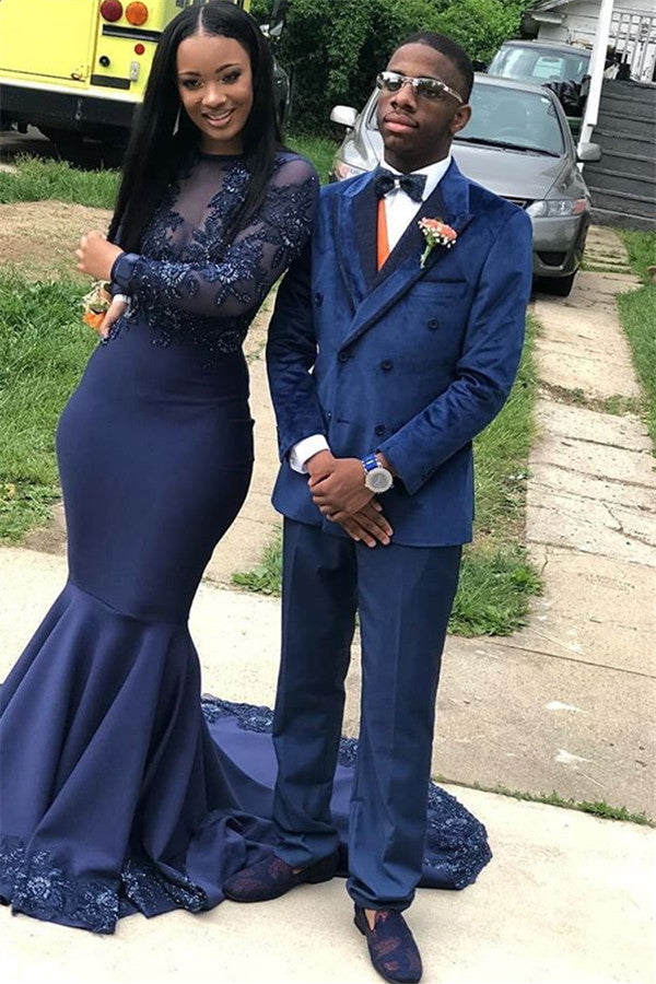 Navy Blue Casual Velvet Double-Breasted Prom Outfits for Guys with Peaked Lapel