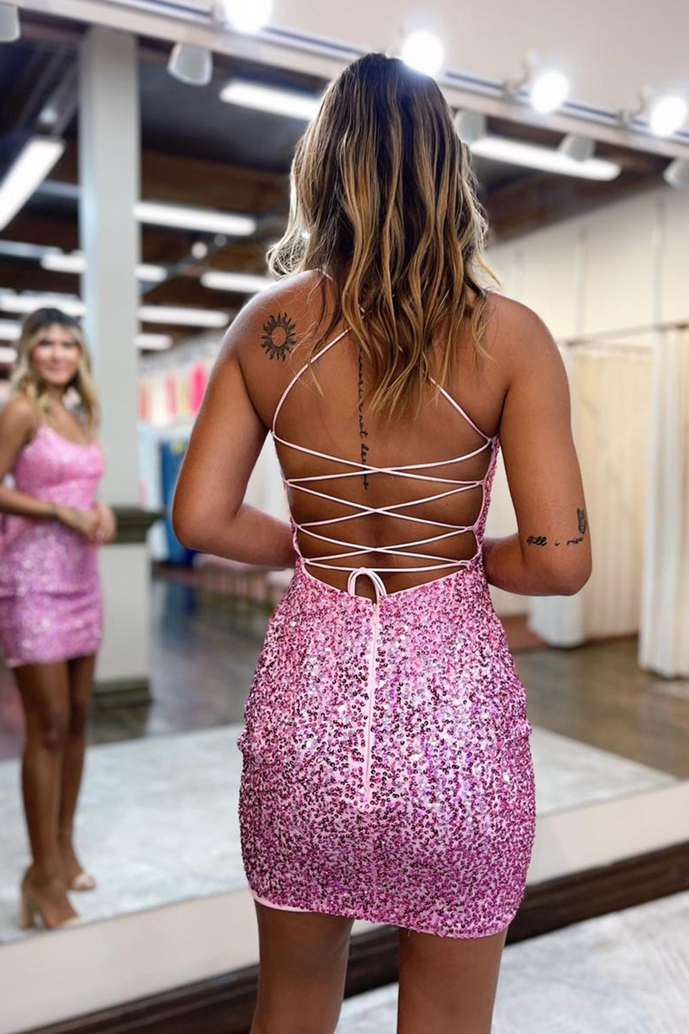 Sparkly Pink Tight Yellow Sequins Homecoming Dress/Mini Dress
