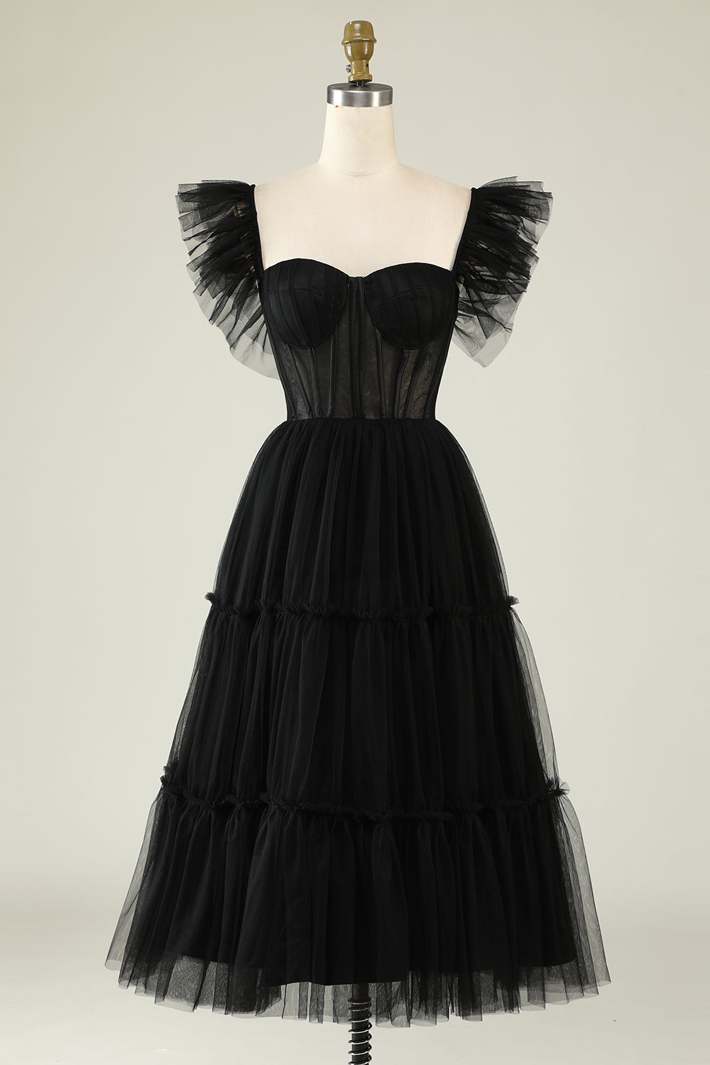 Black A-Line Corset Ruffled Tulle Homecoming Dress/Mini Dress
