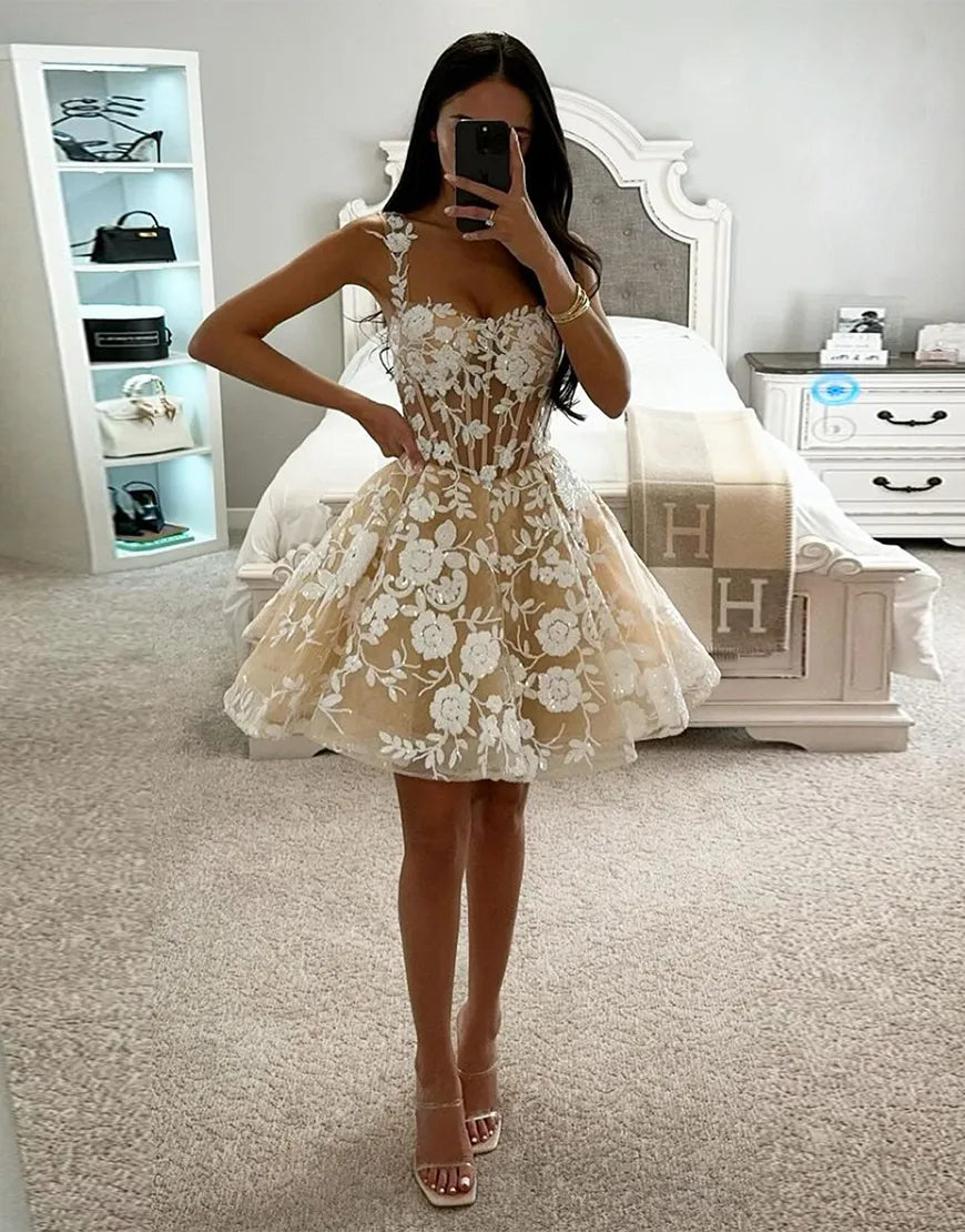 A-Line Short Homecoming Dress in White Champagne with Spaghetti Straps Sequins and Appliques