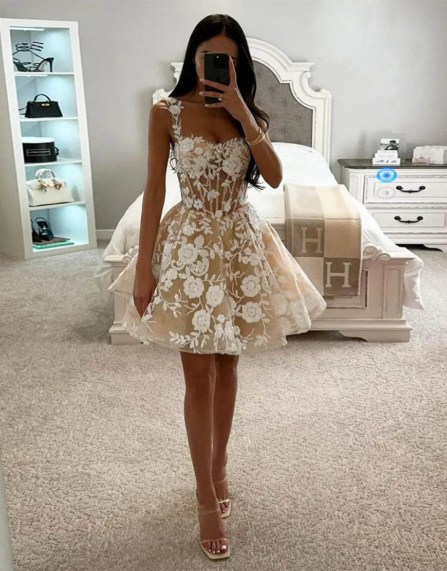 A-Line Short Homecoming Dress in White Champagne with Spaghetti Straps Sequins and Appliques