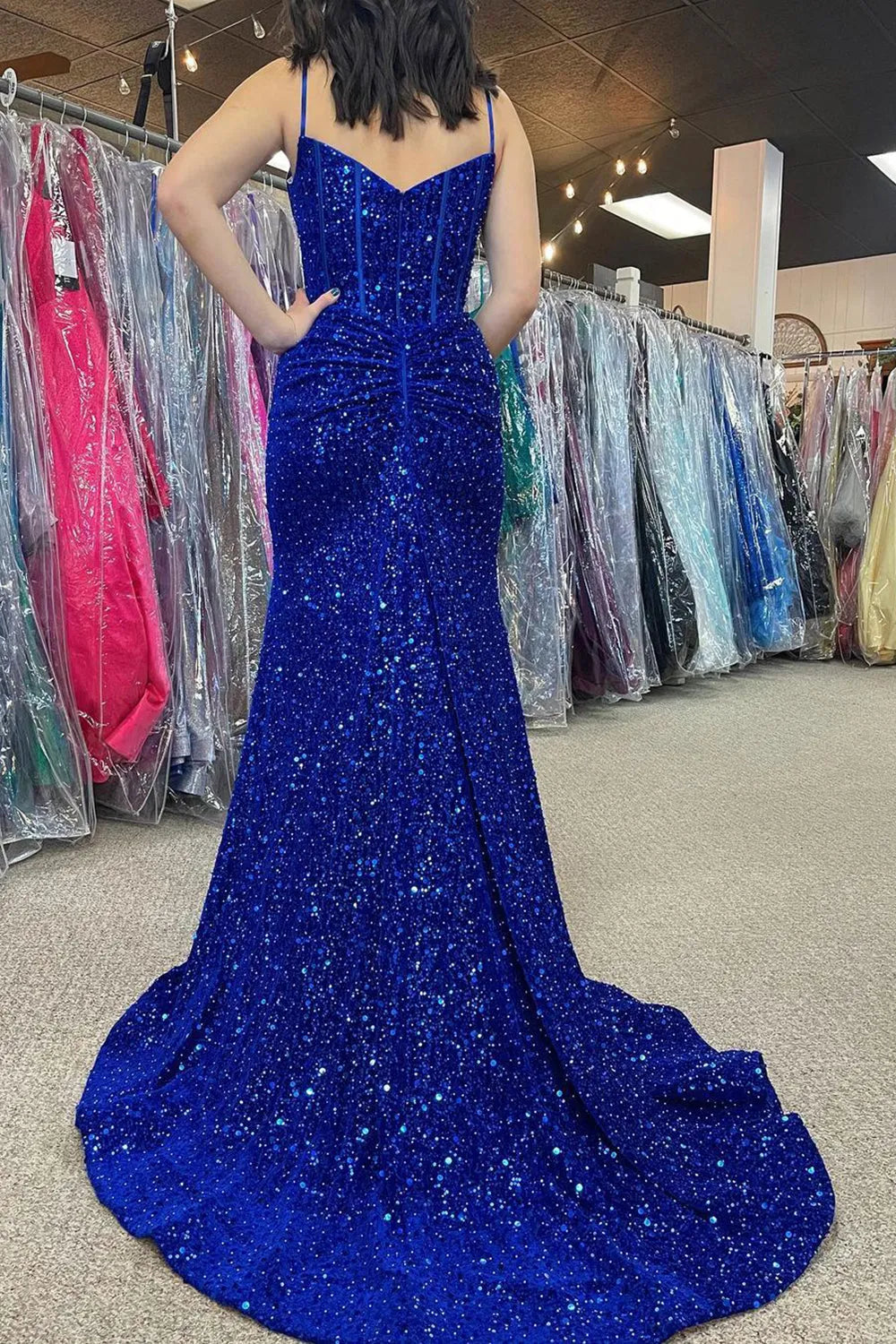 Long Red Corset Prom Dress with Spaghetti Straps Sequins and Mermaid Slit