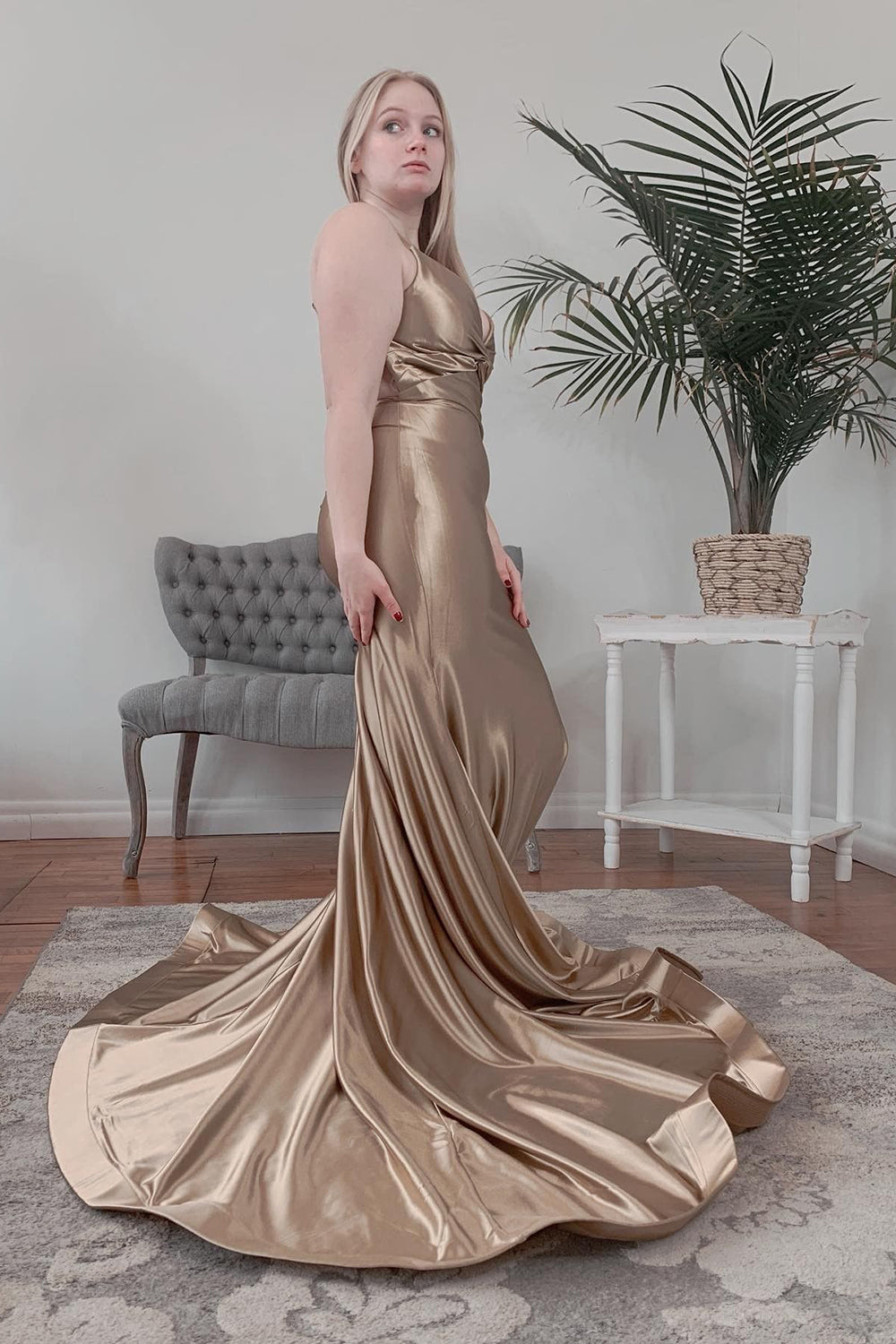 Backless Mermaid Prom Dress with Halter in Champagne