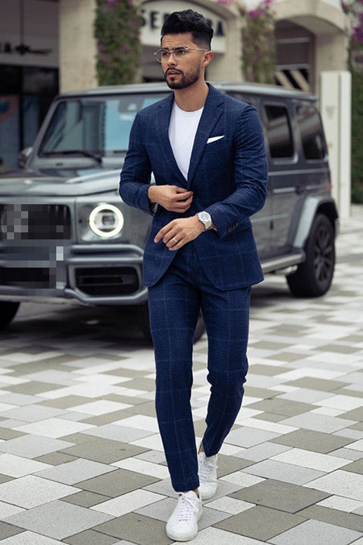 Fashion Dark Navy Plaid David Prince Suit for Groom with Notched Lapel