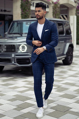 Fashion Dark Navy Plaid David Prince Suit for Groom with Notched Lapel