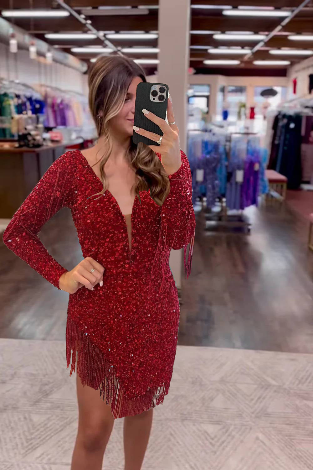 Sparkly Dark Red Sequined Long Sleeves Tight Short Homecoming Dress/Mini Dress with Fringes