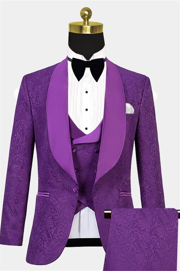 Classic Three-Piece Violet Wedding Guest Suit with Jacquard