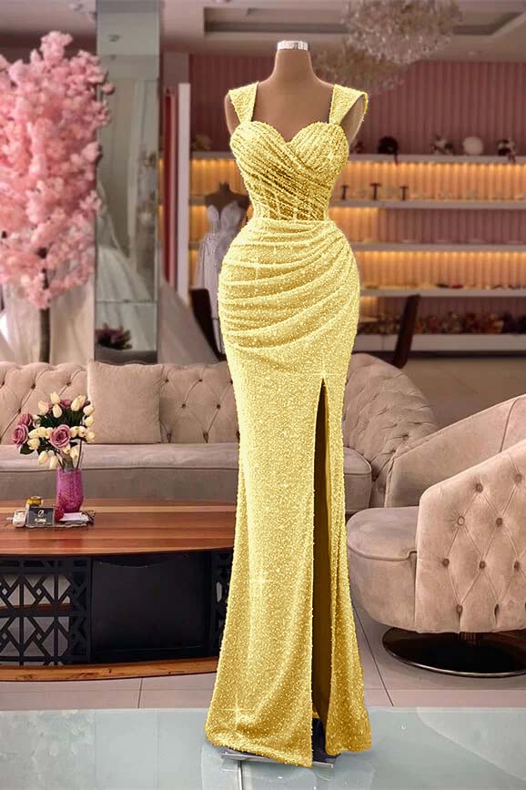 Classic Mermaid Sequins Sweetheart Split Straps Evening Dress With Pleated
