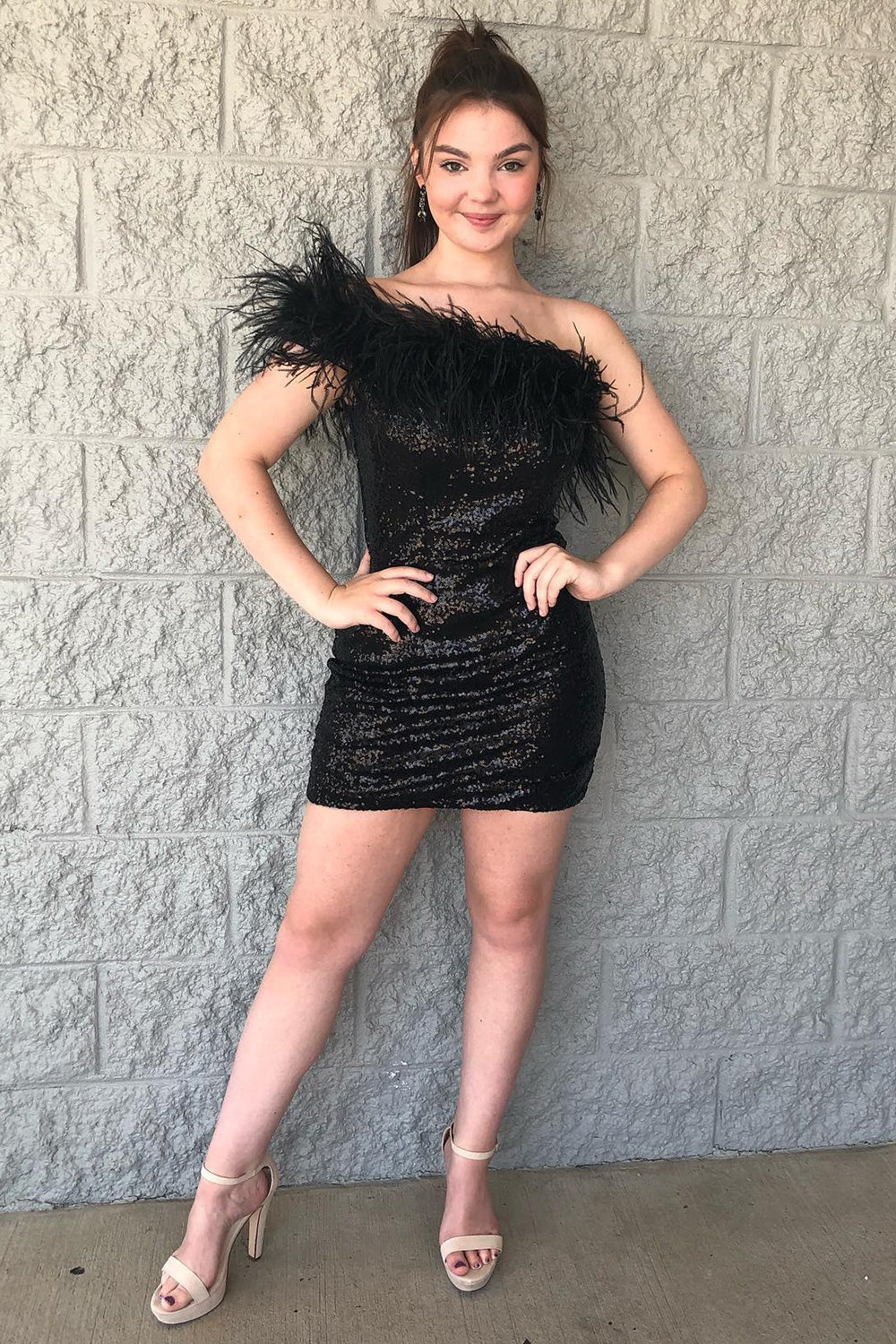 Pink Sparkly Tight Sequins Homecoming Dress/Mini Dress with Feathers