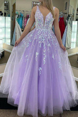 Elegant Deep V-Neck Purple A-Line Long Prom Dress Featuring Appliques
