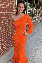 Orange Sequined Long-Sleeve Prom Dress with a Mermaid One-Shoulder Design