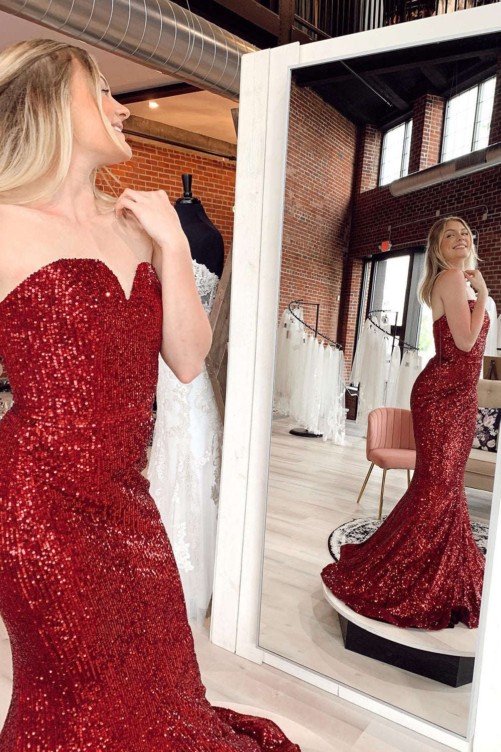 Burgundy Sequined Sweetheart Mermaid Prom Gown with a Sweep Train