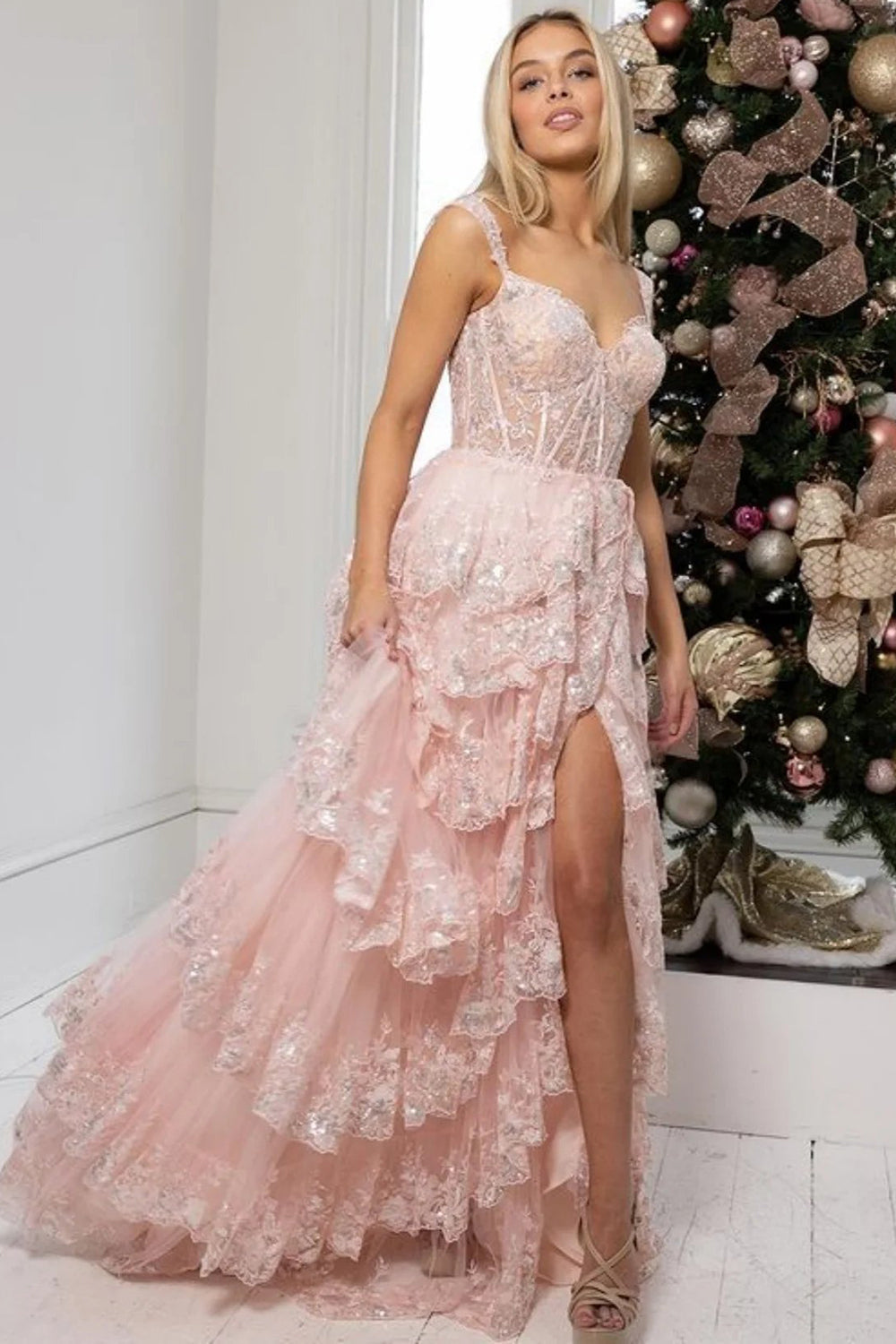 Long Tiered Off-the-Shoulder Corset Prom Dress in Fuchsia with Sequins for Princesses