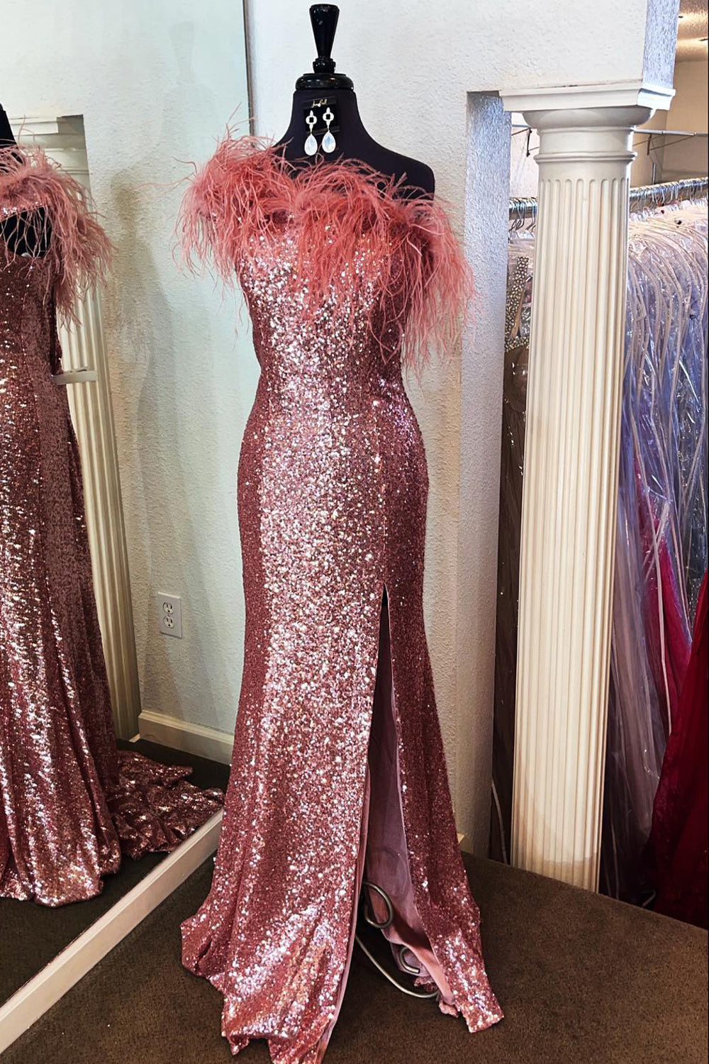 White Sequined Plus Size Mermaid Prom Dress with Feathers Strapless
