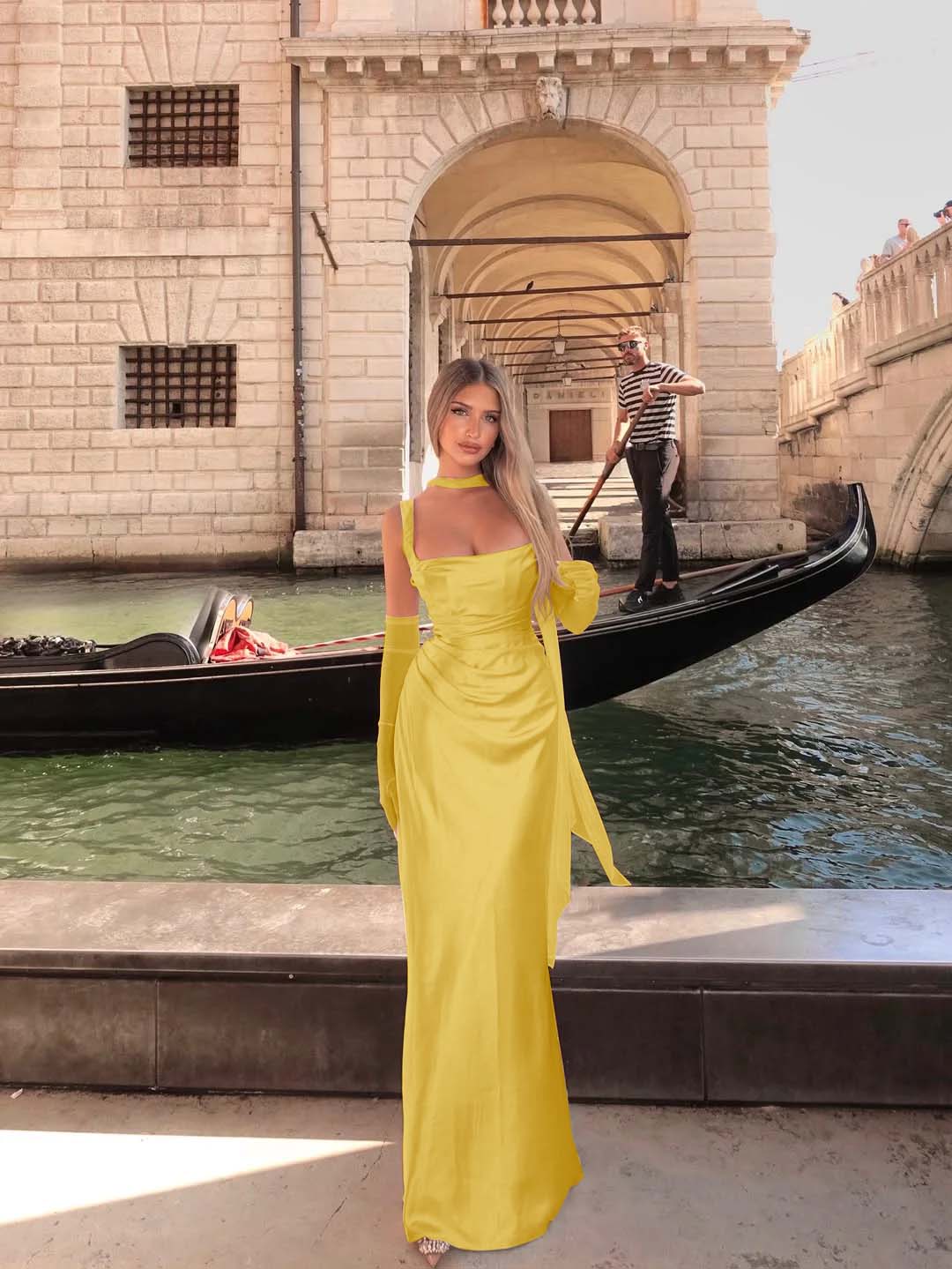 Spaghetti Strap Sleeveless Long Mermaid Formal Dress With Gloves