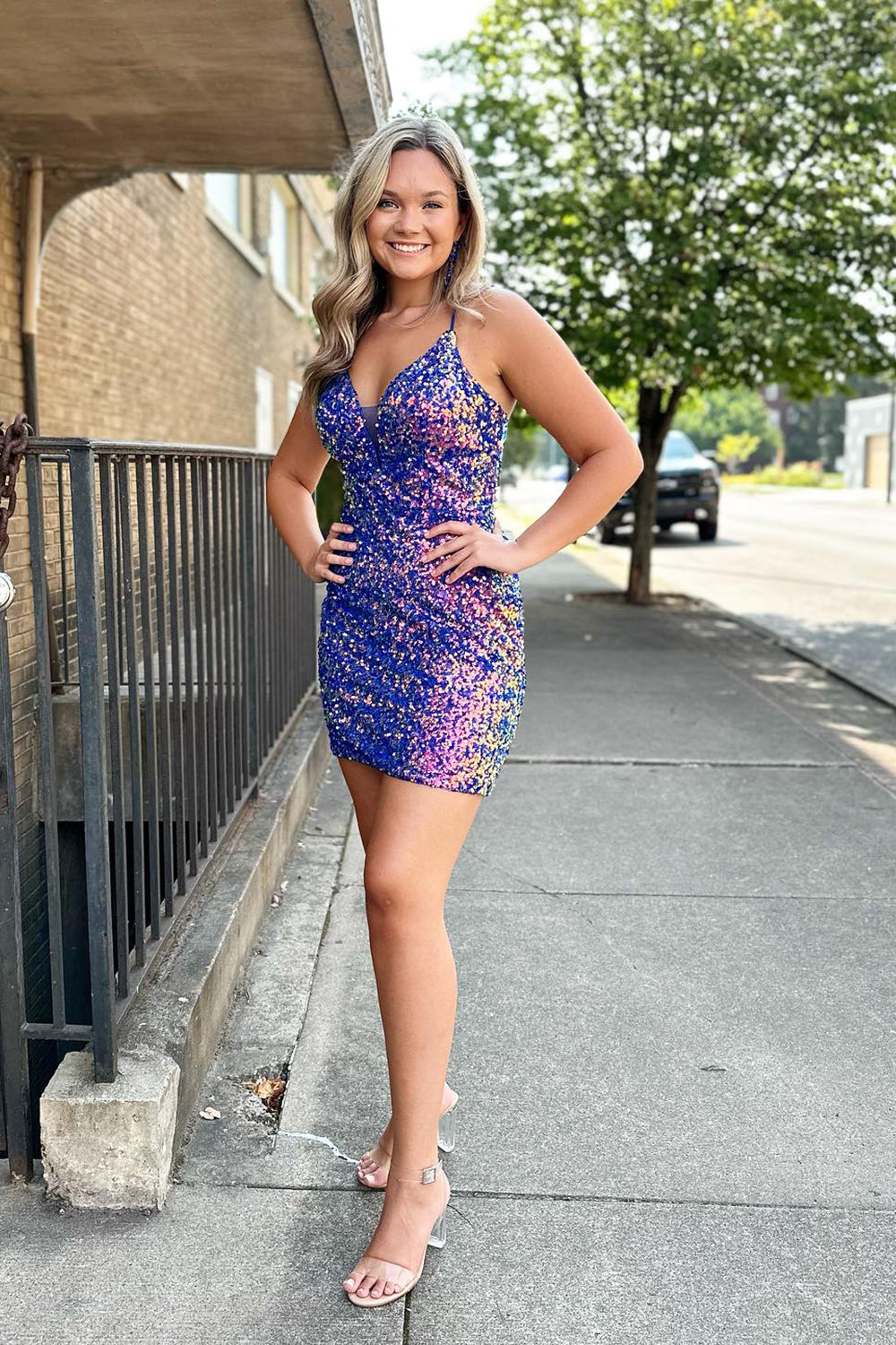 Sparkly Blue Detachable Train Sequins Tight Short Homecoming Dress/Mini Dress