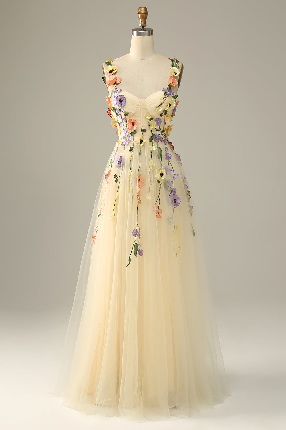 Champagne Long Prom Dress with Spaghetti Straps and Appliques in A-Line Style