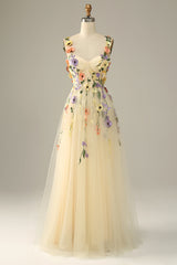 Champagne Long Prom Dress with Spaghetti Straps and Appliques in A-Line Style