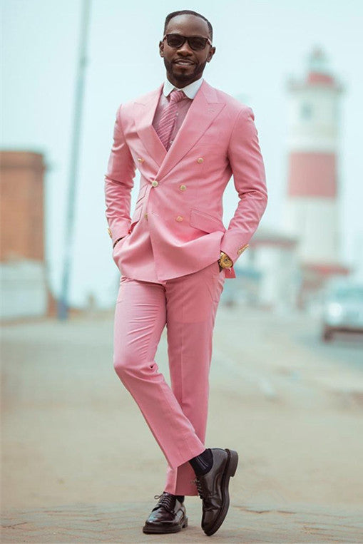 Stylish Pink Peaked Lapel Double-Breasted Western Suits for Wedding