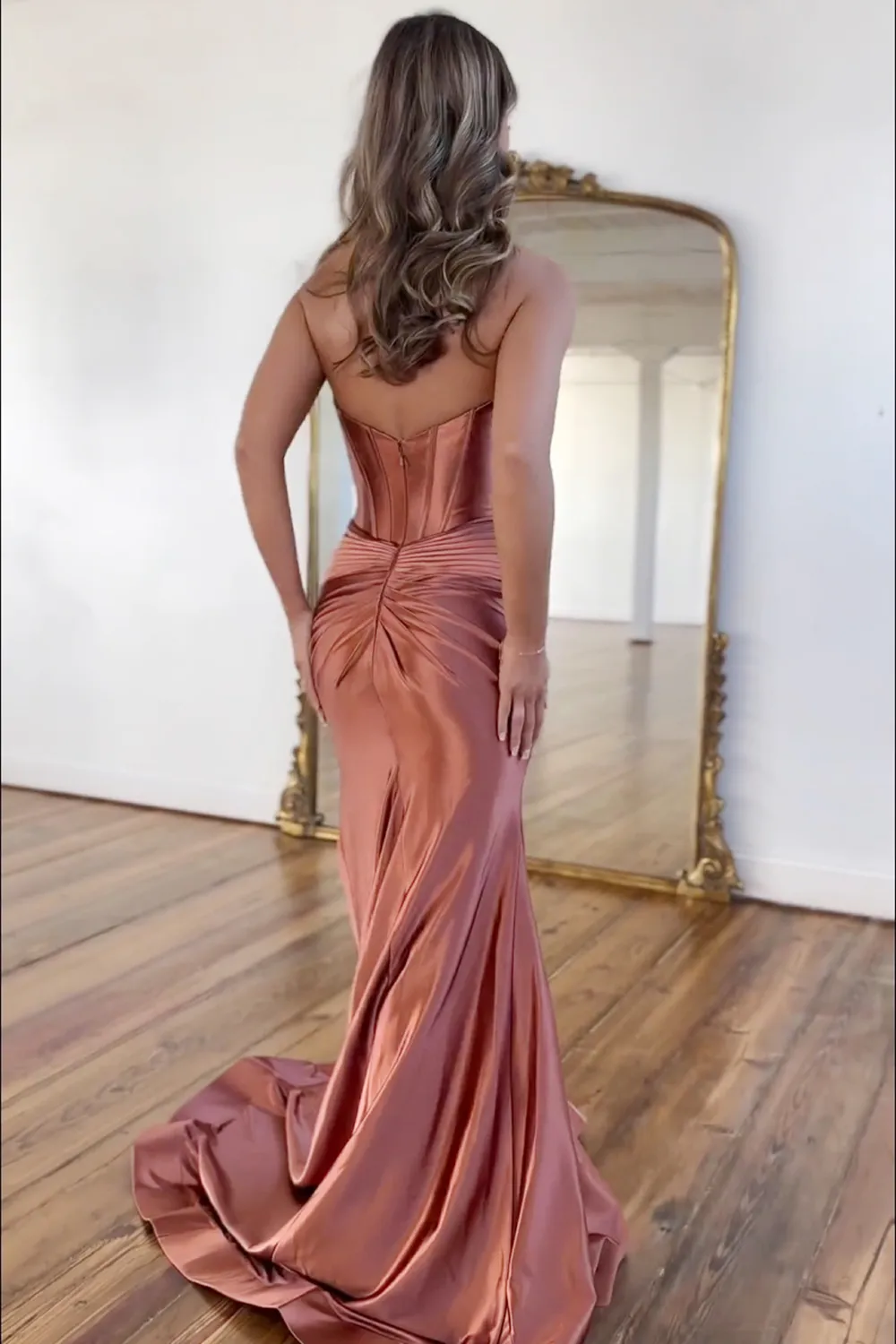 Long Orange Satin Mermaid Prom Dress with Corset and Slit