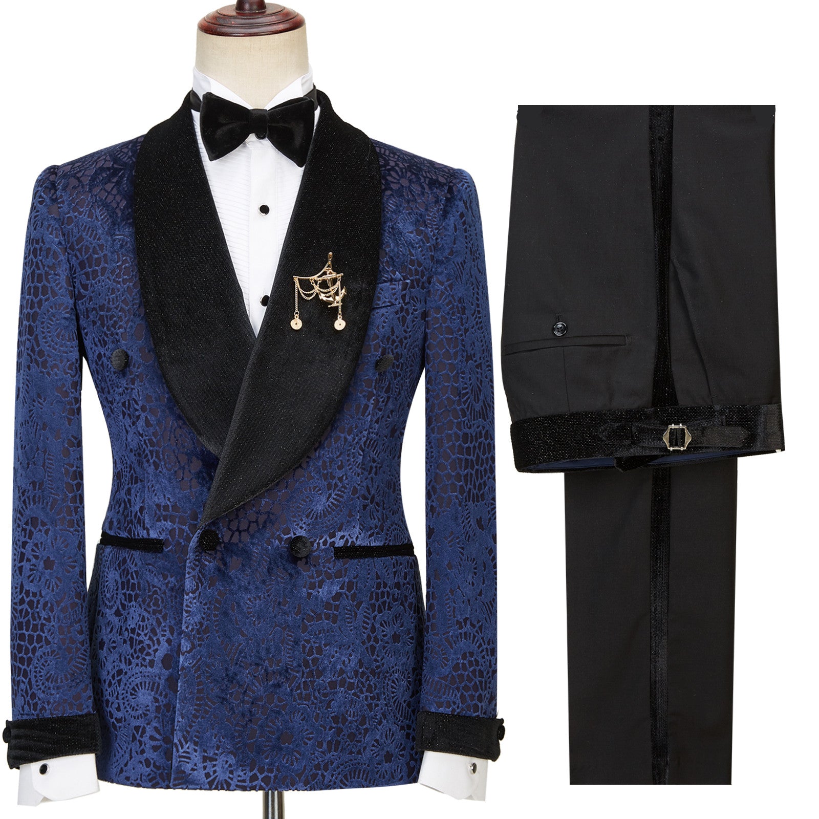 Jane Dark Navy Jacquard Shawl Lapel Sparkle Double-Breasted Men's Suits for Wedding
