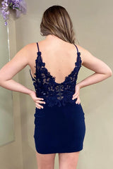 Navy Spaghetti Straps Tight Short Homecoming Dress/Mini Dress with Lace