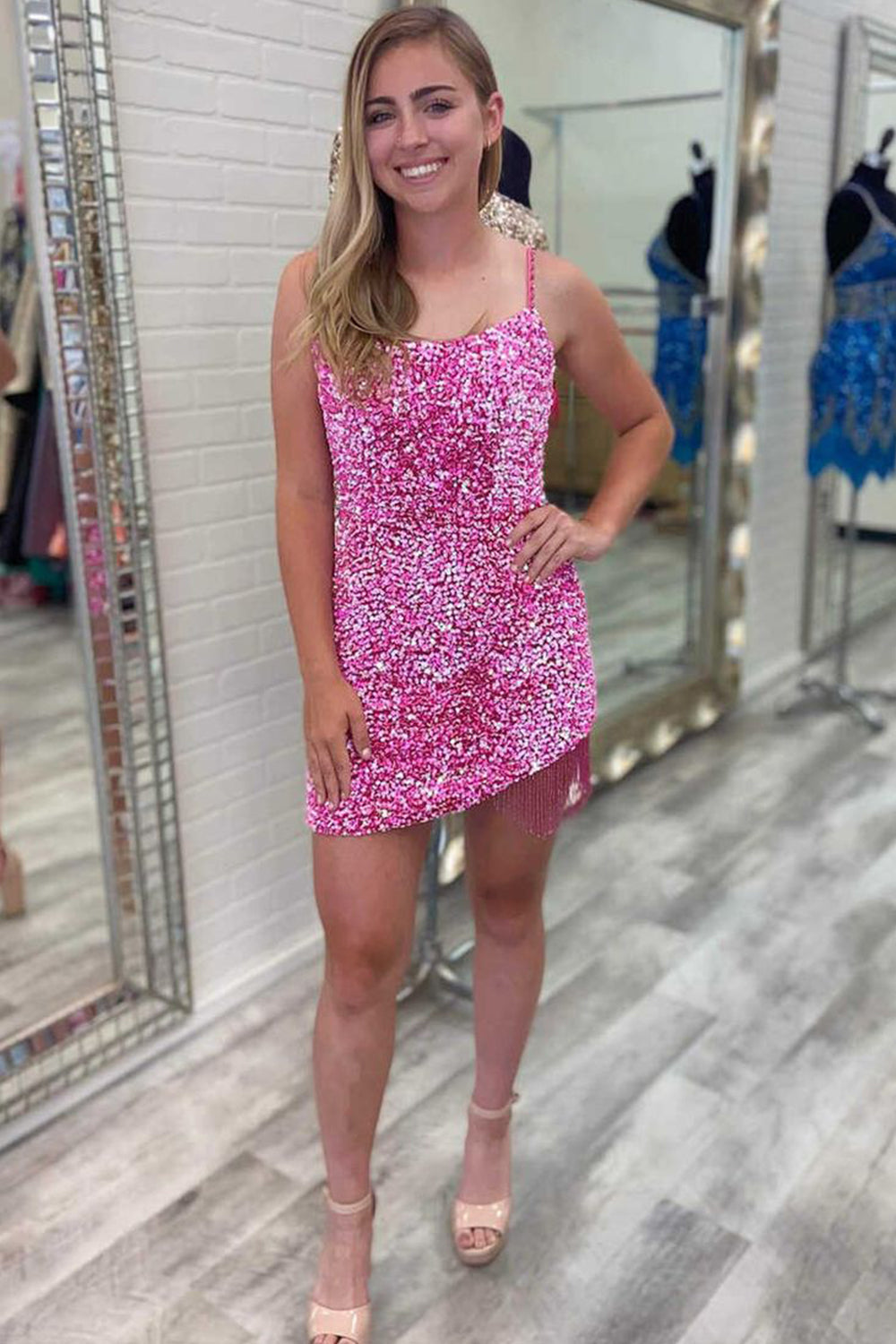 Royal Blue Sequined Tight Homecoming Dress/Mini Dress with Fringes