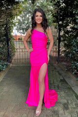 Long One-Shoulder Ruched Sheath Prom Dress in Hot Pink with a Slit