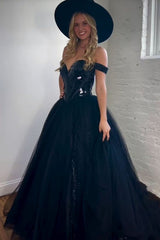 Black Off-the-Shoulder A-Line Princess Prom Dress with Front Split Corset