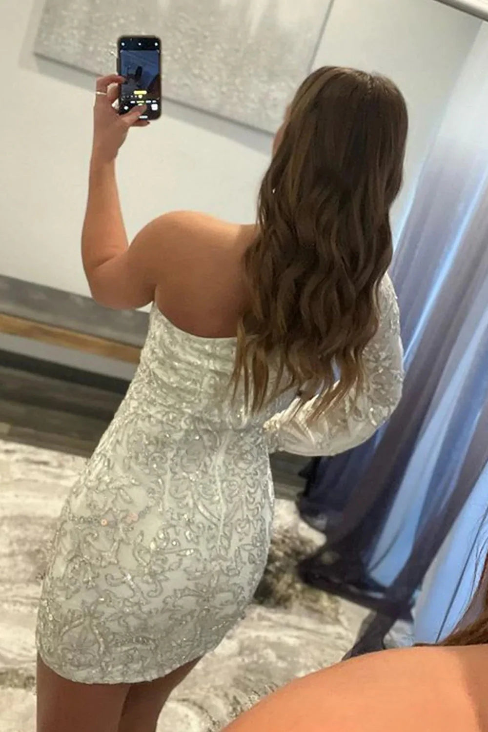 Orange Beaded Sequins One Shoulder Tight Homecoming Dress/Mini Dress