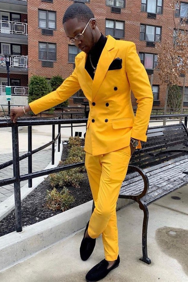Newest Yellow Double-Breasted Best Wedding Suits for Groom with Peaked Lapel