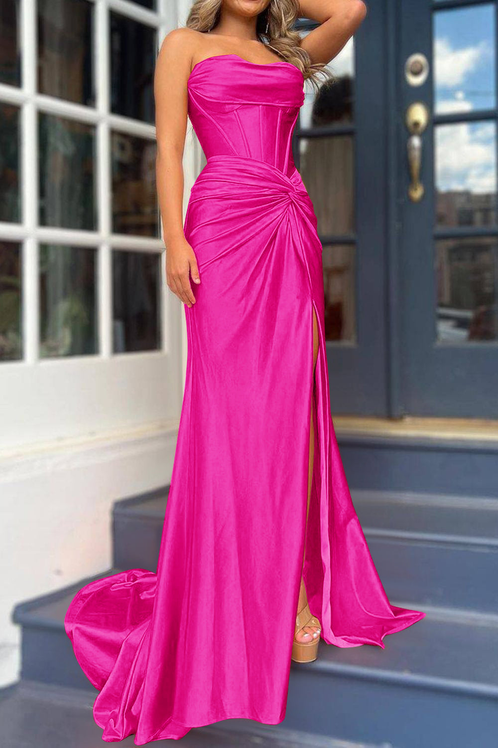Orange Strapless Mermaid Corset Prom Dress Featuring a Front Split
