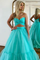 Light Green Long Sweetheart Prom Dress with Bowknot in Two Pieces