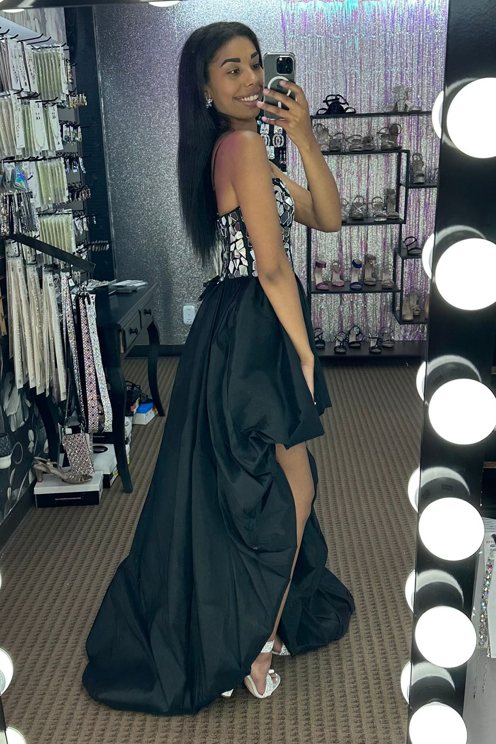 Sparkly Black High Low Satin A-Line Mirror Homecoming Dress/Mini Dress