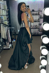Sparkly Black High Low Satin A-Line Mirror Homecoming Dress/Mini Dress