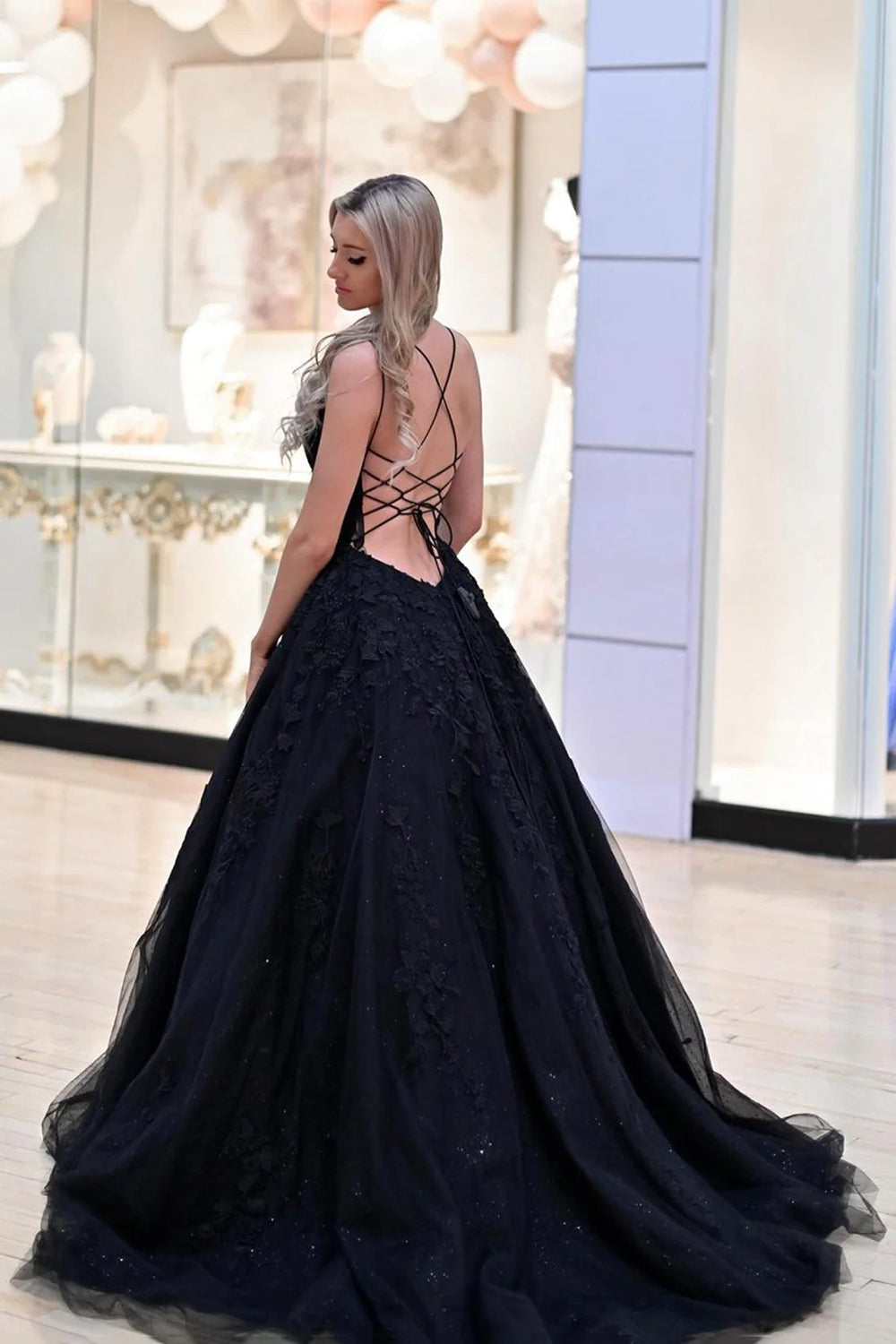 Black Long Prom Dress with Spaghetti Straps and Criss Cross Back in A-Line Silhouette