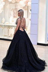 Black Long Prom Dress with Spaghetti Straps and Criss Cross Back in A-Line Silhouette