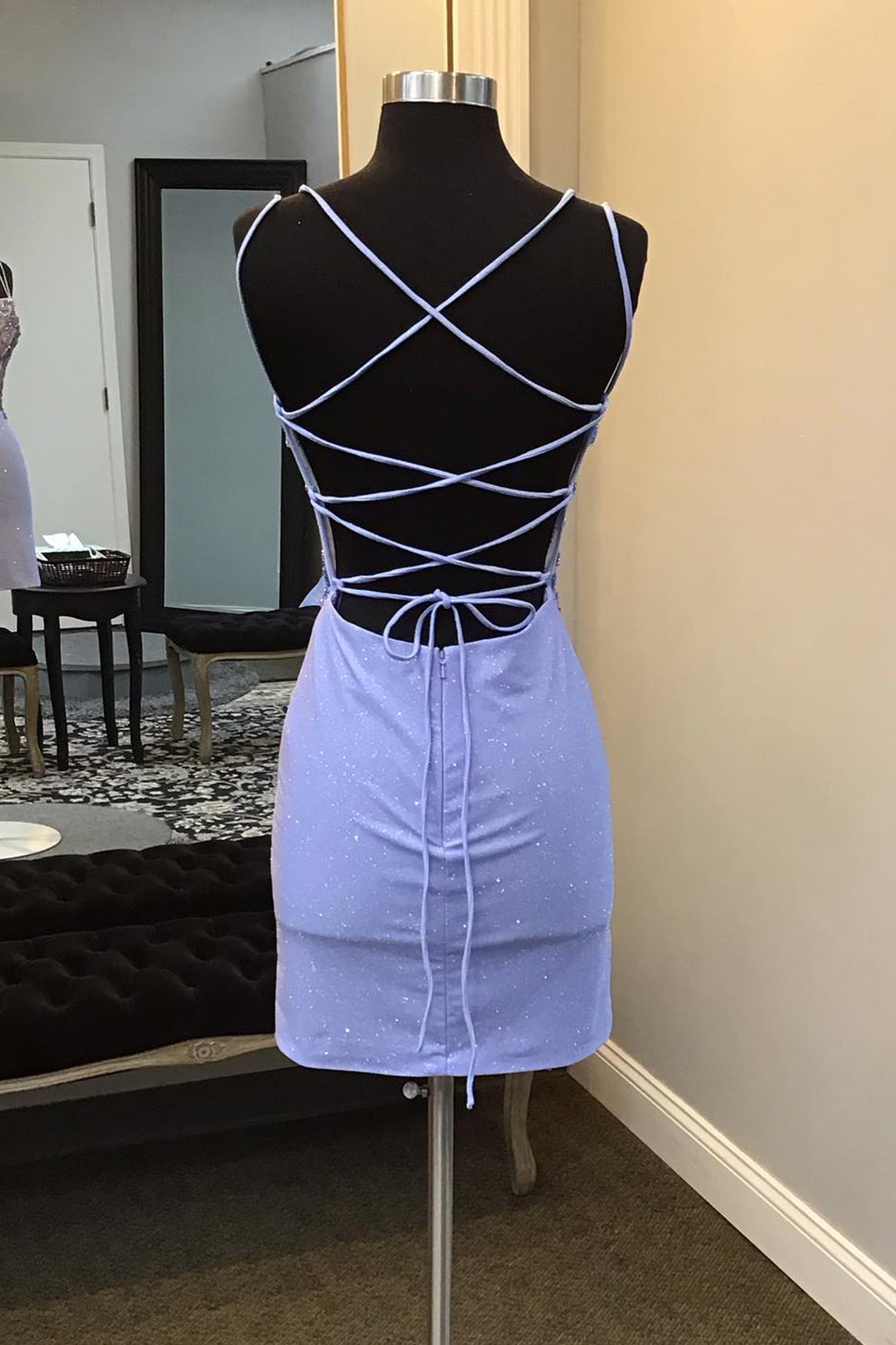 Glitter Blue Spaghetti Straps Corset Tight Short Beaded Homecoming Dress/Mini Dress