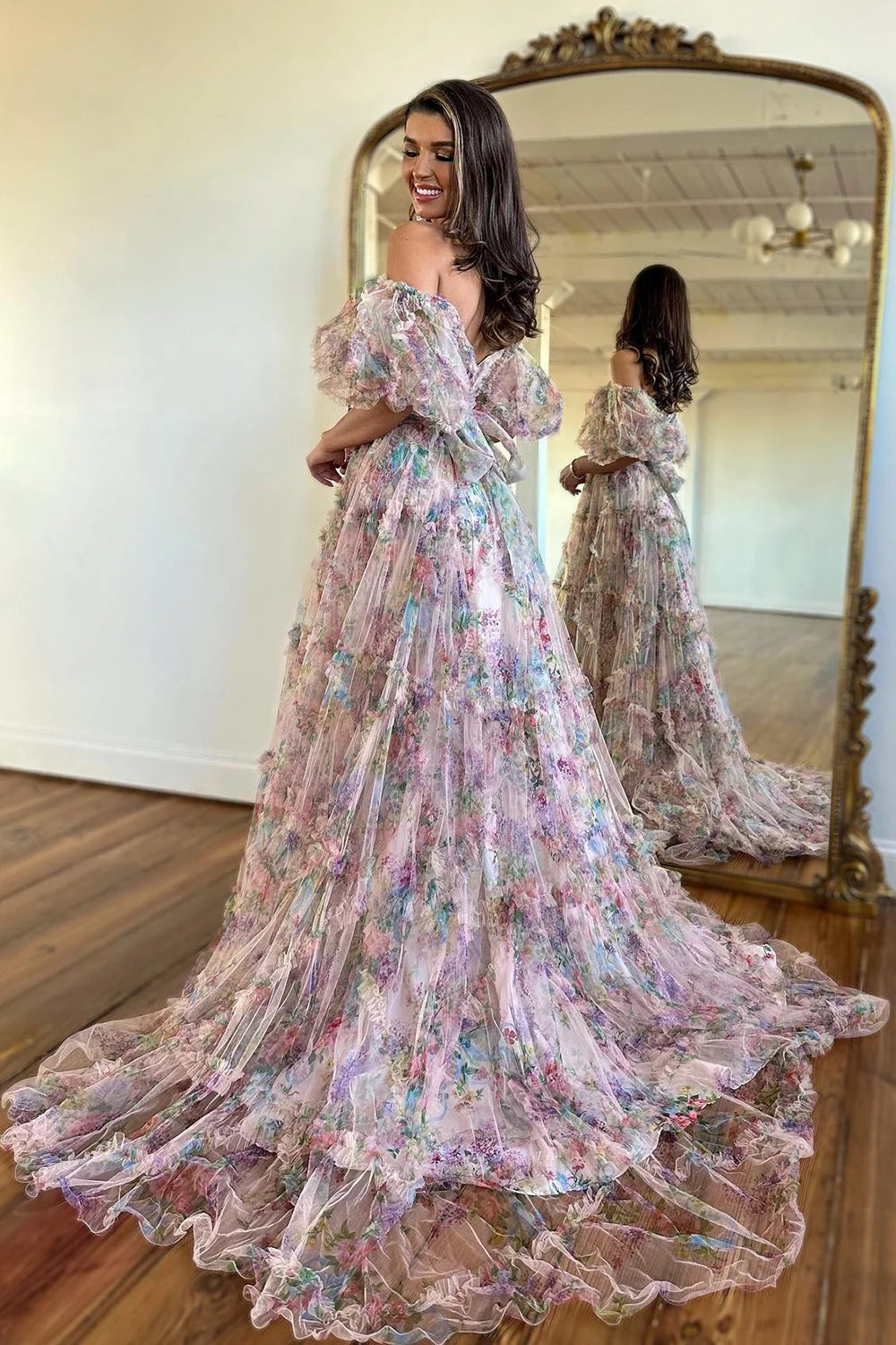 Elegant Off-the-Shoulder Pink Floral Corset Prom Dress with A-Line Silhouette and Sweep Train